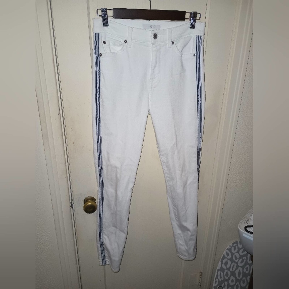 7 For All  Mankind,  White Skinny Ankle Jeans Size 27 Blue Stripe